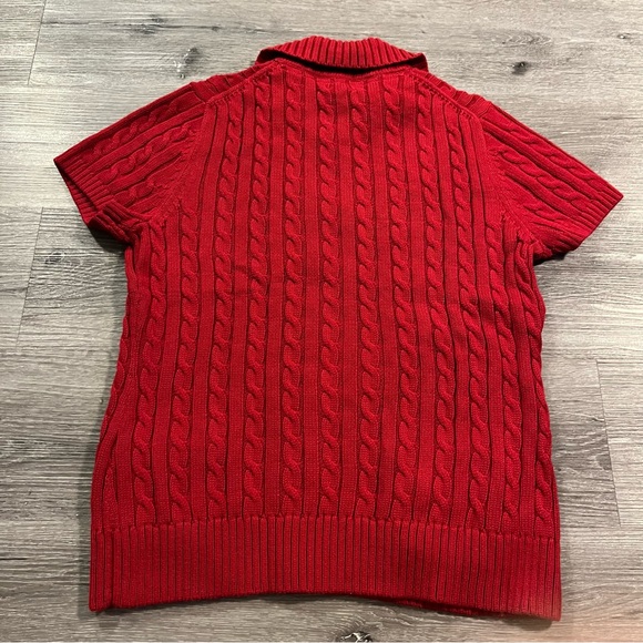 LL Bean Red Short Sleeve Cable Knit Button Down Cardigan Sweater Large Coastal - Picture 8 of 10